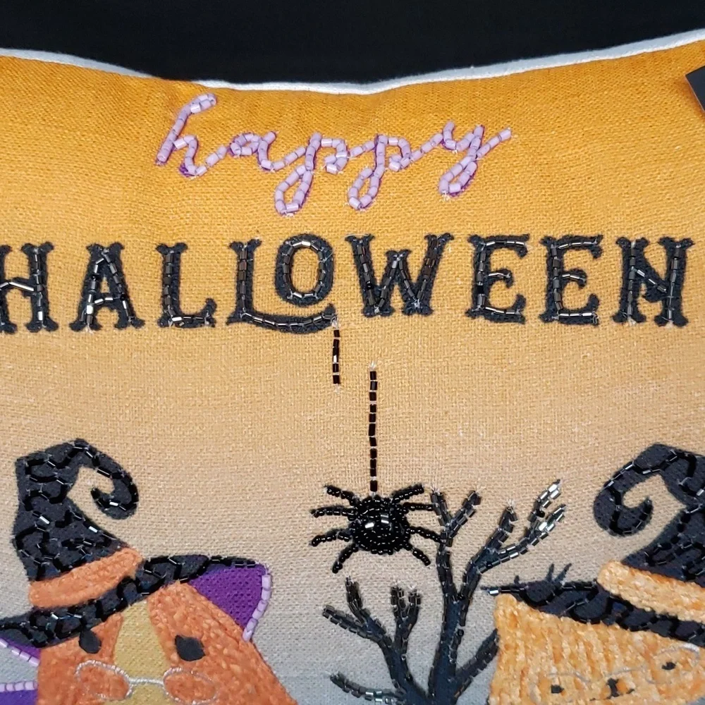 Mi Chateaux Applique and Beaded Dog and Cat Halloween Pillow